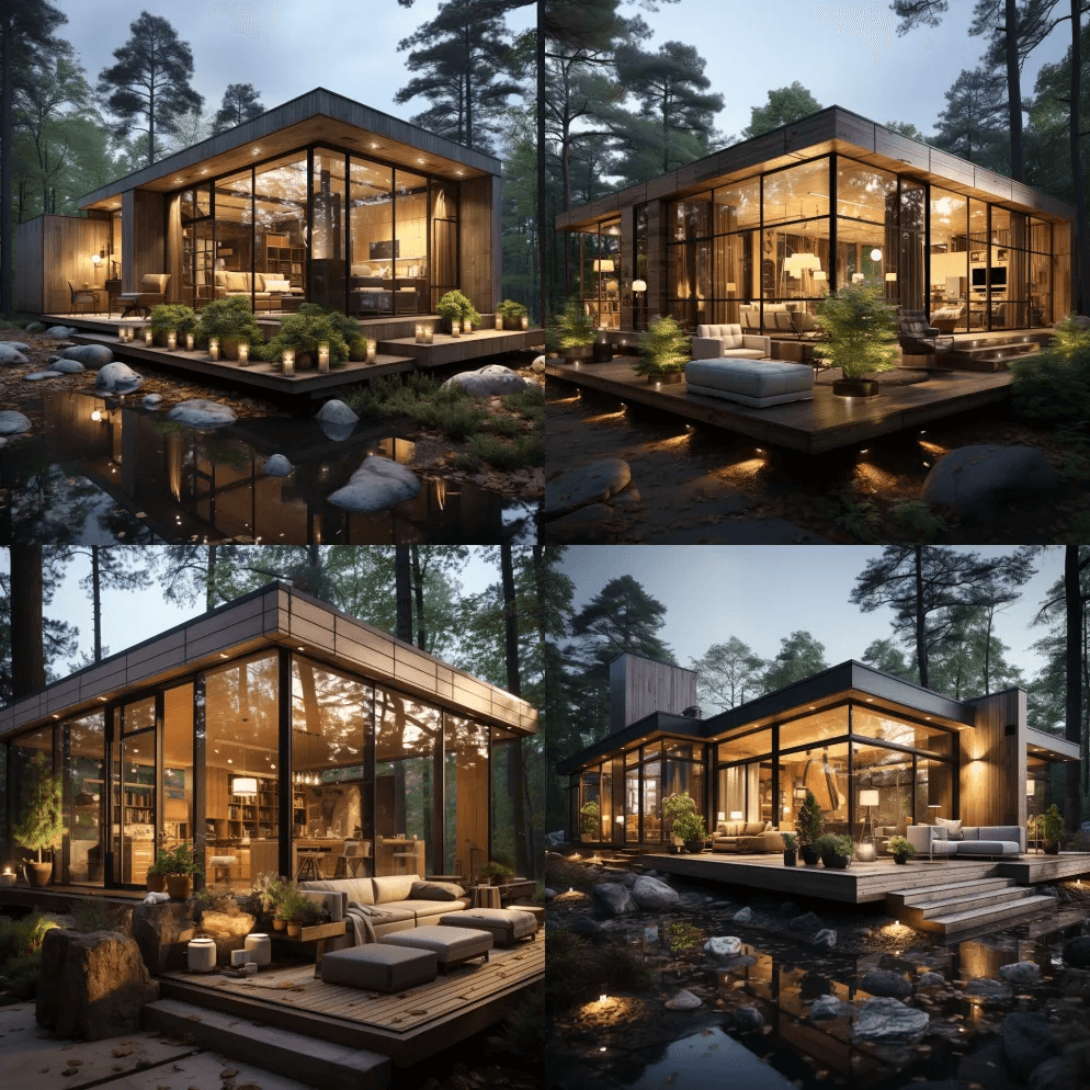 外观设计，森林小屋建筑，立方体形状，木板