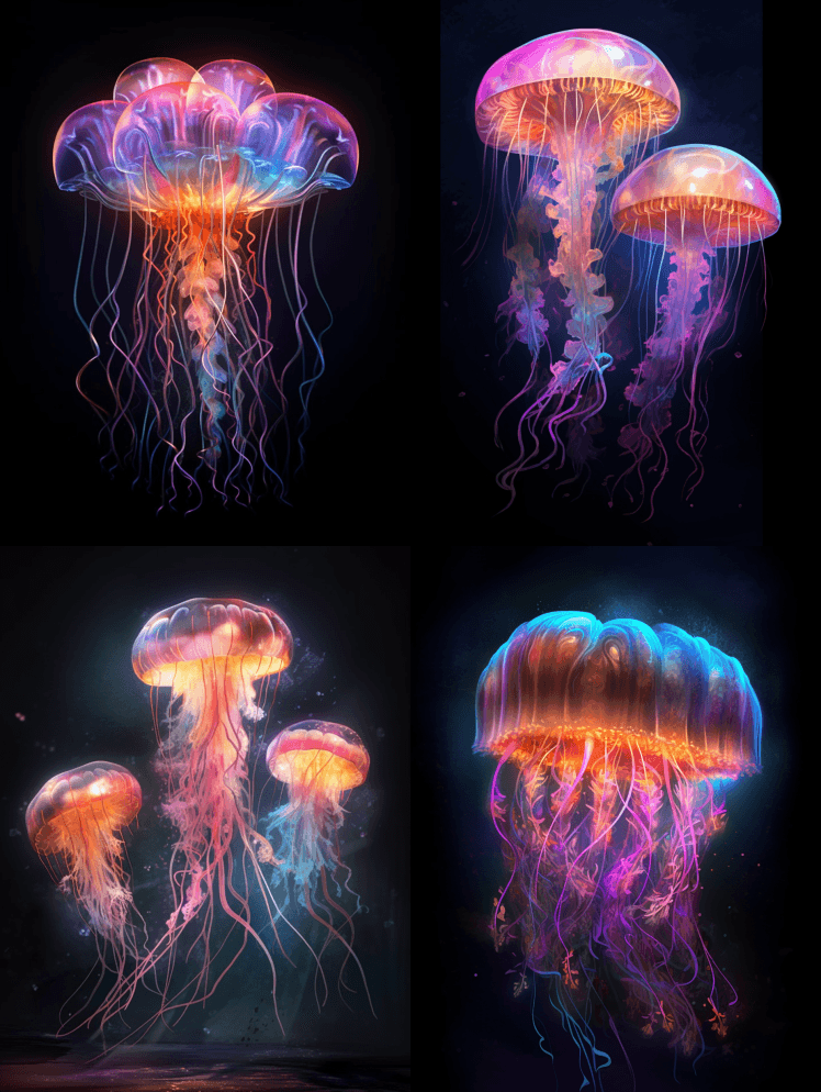 五颜六色的水母，半透明风格的生物发光：：