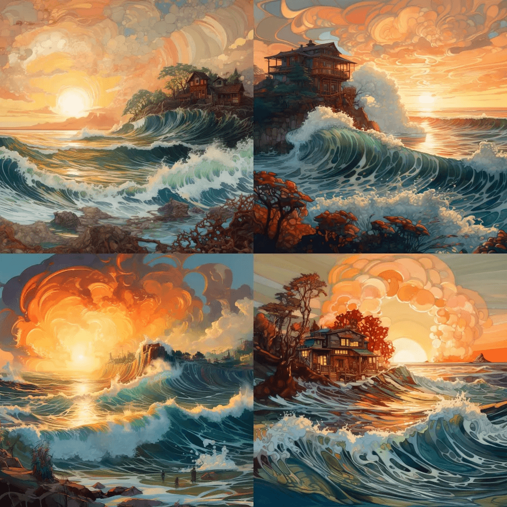 一幅发光油画，展示了巨浪在夕阳海岸线上撞