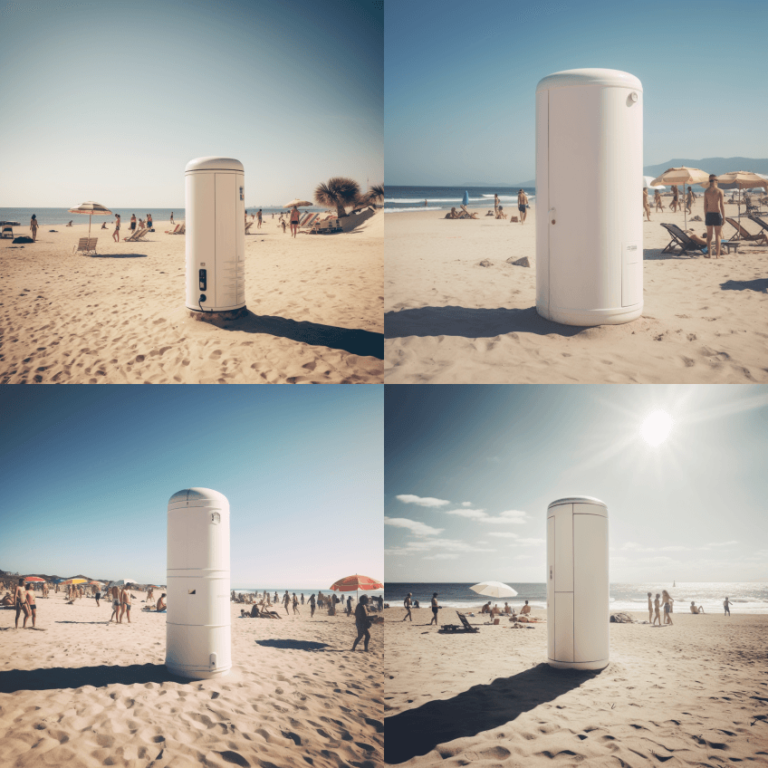 一台直立在阳光明媚的沙滩上的白色大圆柱形