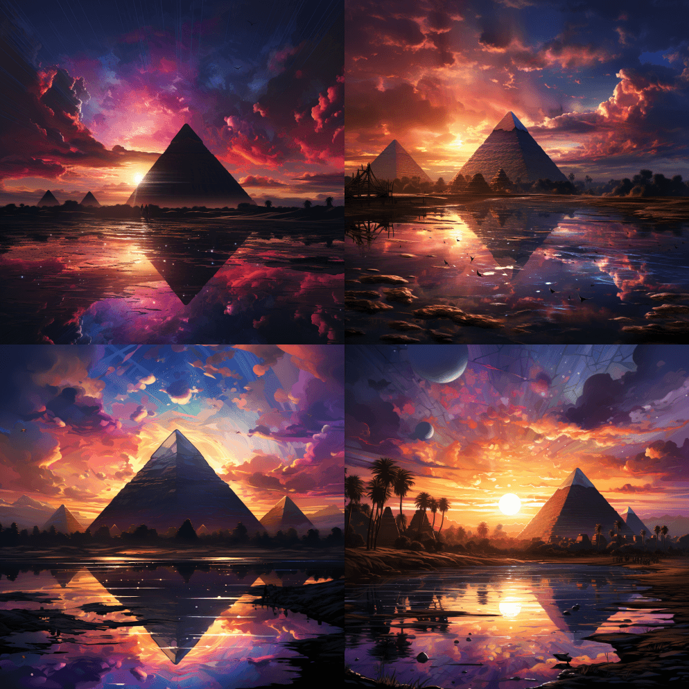 埃及吉萨大金字塔的现代艺术，美丽的日落，