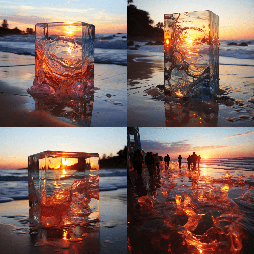 由玻璃制成的海滩上有红色的日落。超现实主