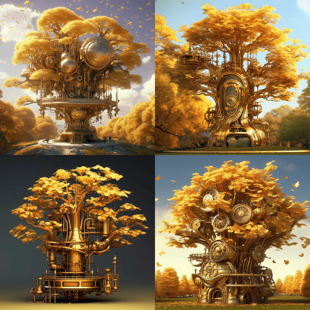 一棵蒸汽朋克美丽的金色树，照片逼真，超细