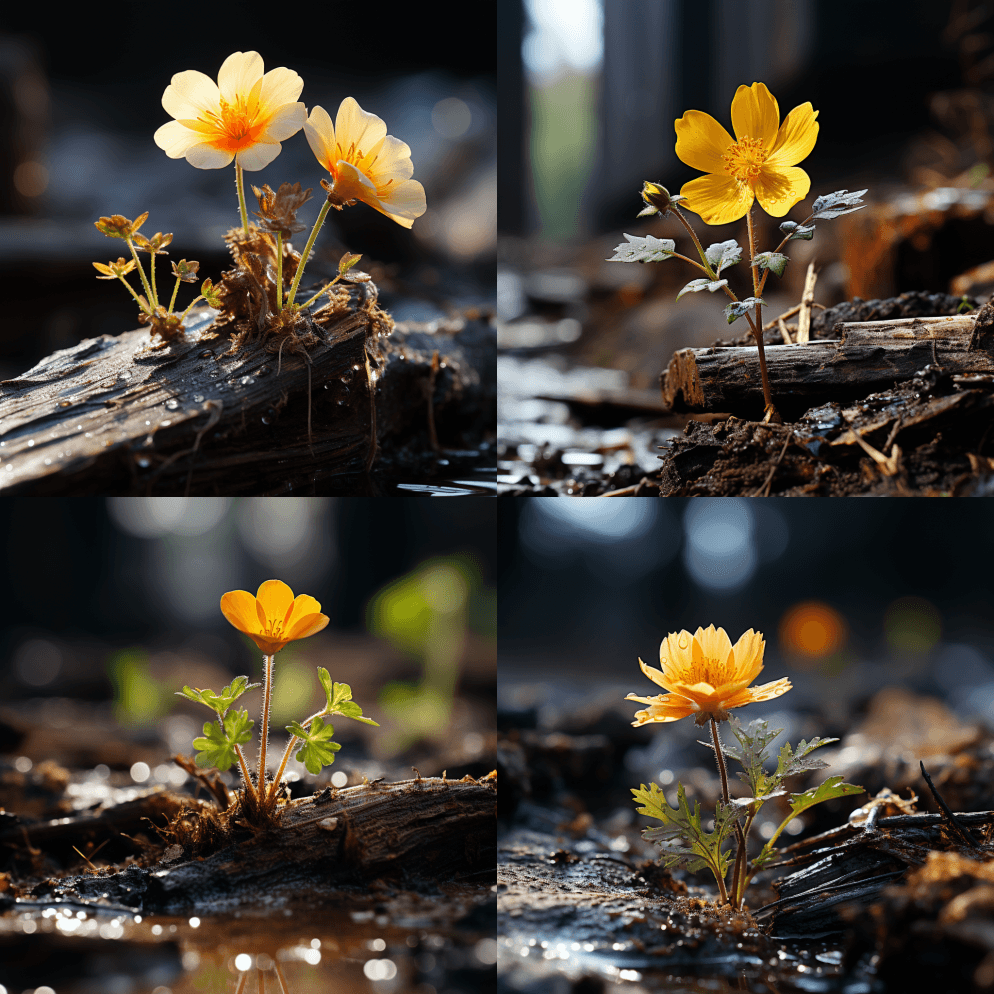 一朵小黄花生长在一块木头上，以超现实元素
