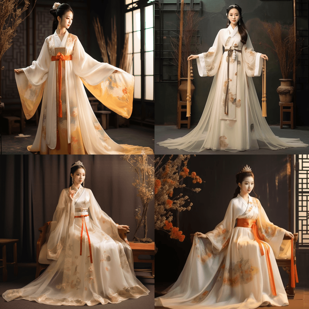 一件令人惊叹的中国汉服婚纱，挂在衣架上，