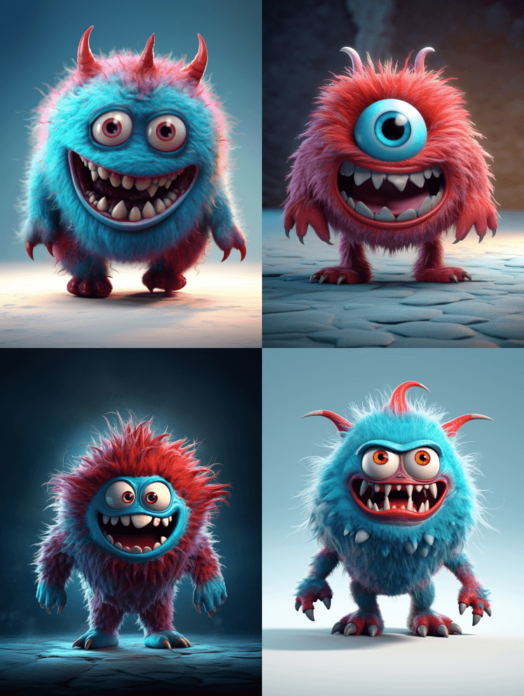 一个蓝红相间的怪物，有着大牙齿和大眼睛，