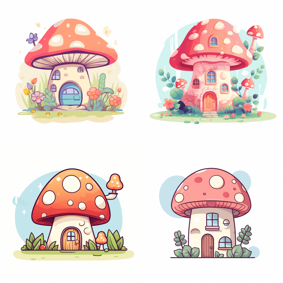 以可爱的蘑菇屋为特色的插图，简单干净，卡